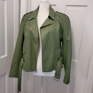 French Connection Green Faux Leather Moto Style Jacket Size XL, Casual, Biker